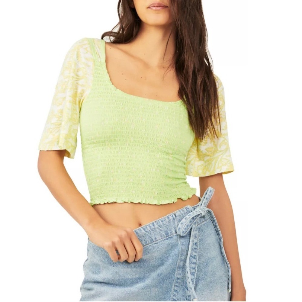Free People Marigold Key Lime Smocked Crop Top Womens Size Small Boho‎ Festival